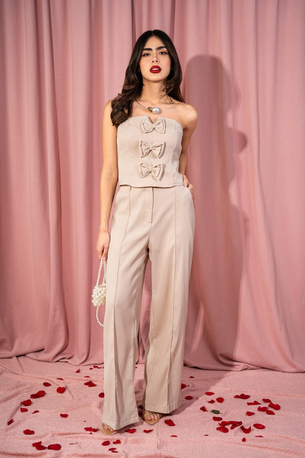 Set strapless moños beige